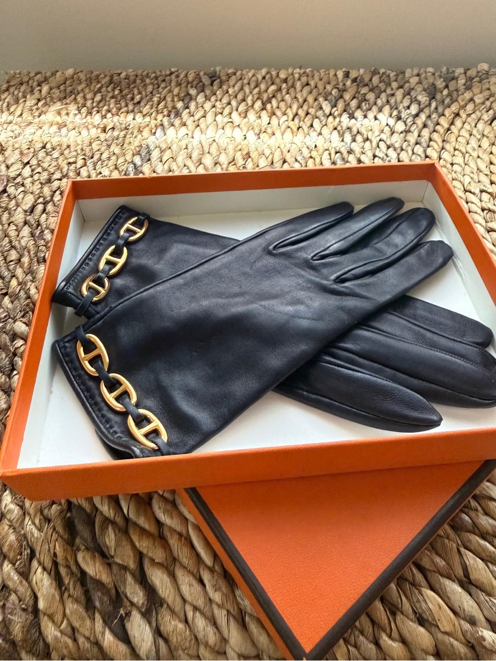Hermes Black Leather Gloves with Gold Chain Detail